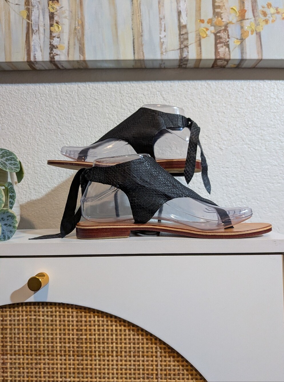 Cocobelle Anthropologie Snake Black Leather Thong Tie Sandal Size 7.5